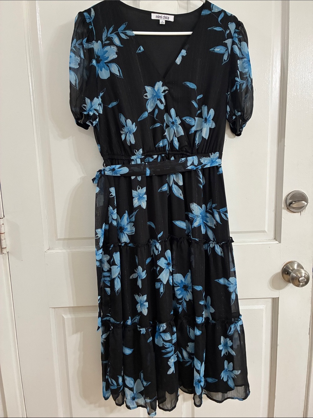 Mimi Chica Black Floral Midi Dress with Blue Flowers